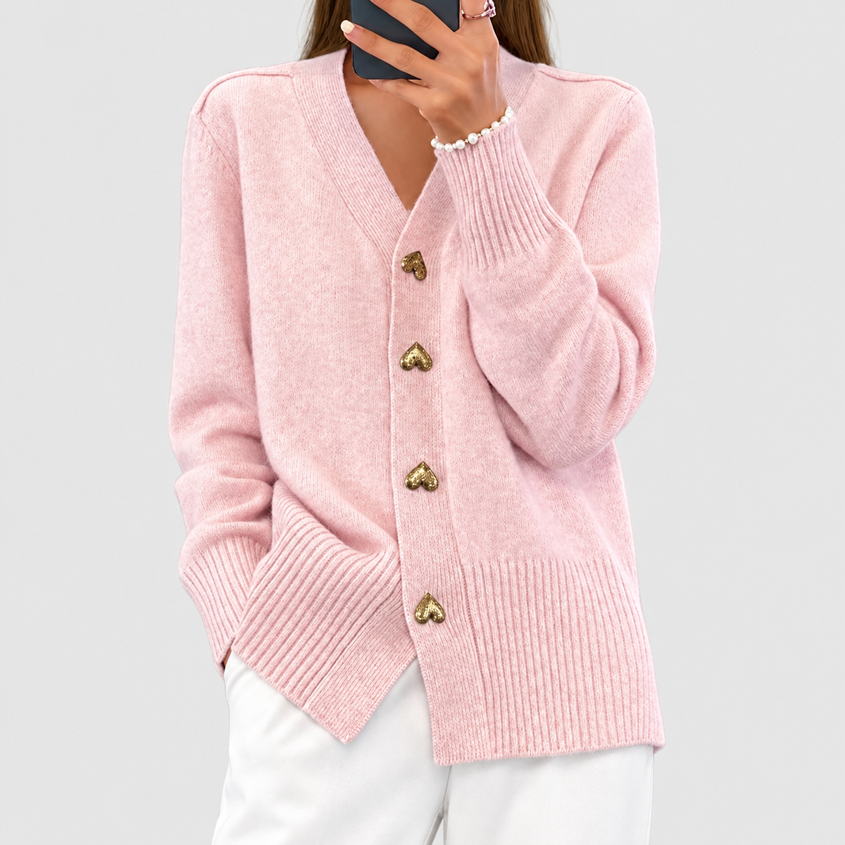 Women's V-Neck Cardigan with Gold Heart Buttons in Pink — view 2