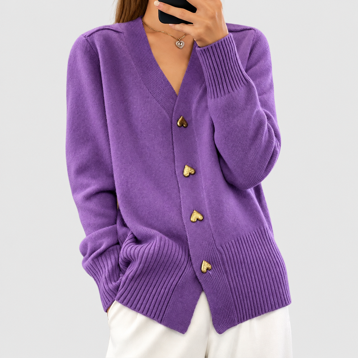 Women's V-Neck Cardigan with Gold Heart Buttons in Violet — view 3