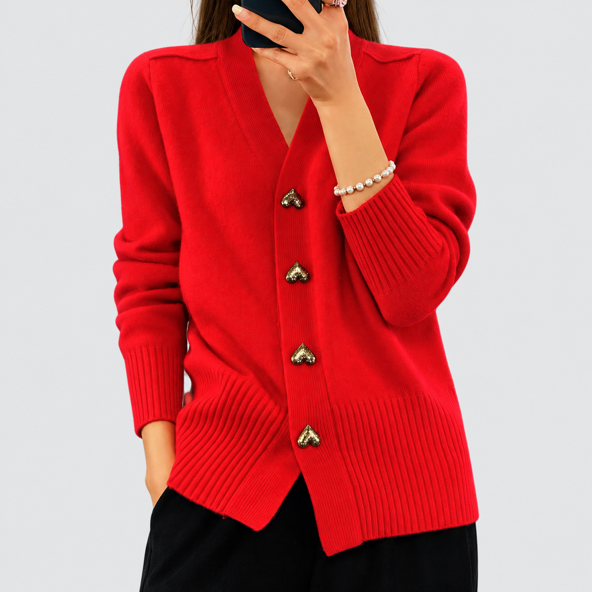 Women's V-Neck Cardigan with Gold Heart Buttons in Red — view 4