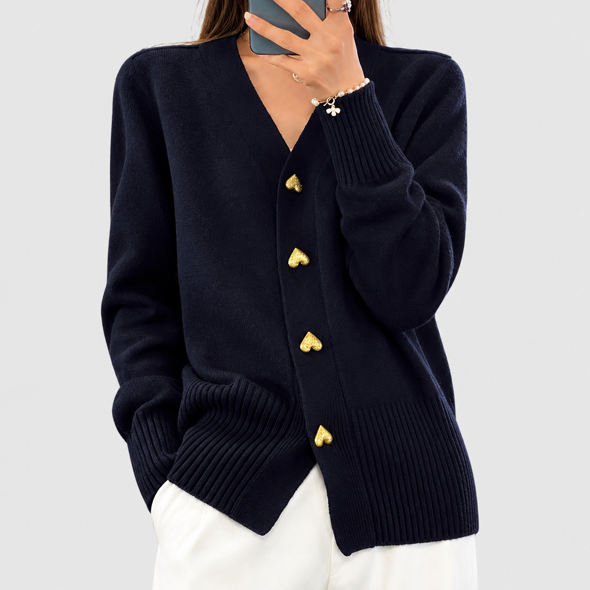 Women's V-Neck Cardigan with Gold Heart Buttons in Black — view 5