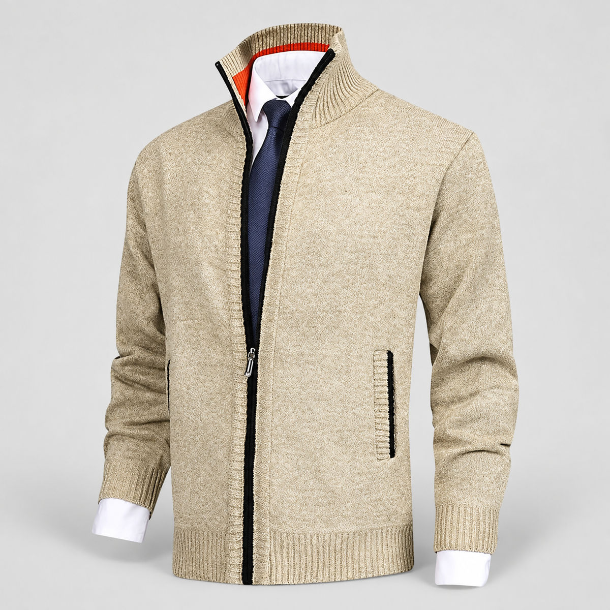 Men's Fleece-Lined Zip-Up Knit Cardigan with Stand Collar in Beige — view 1