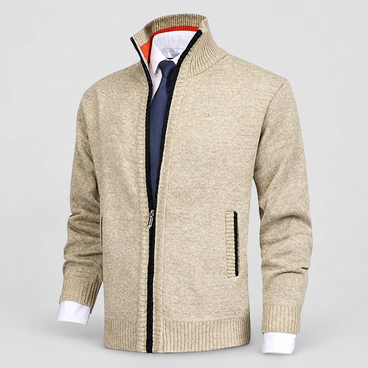 Men's Fleece-Lined Zip-Up Knit Cardigan with Stand Collar — view 2