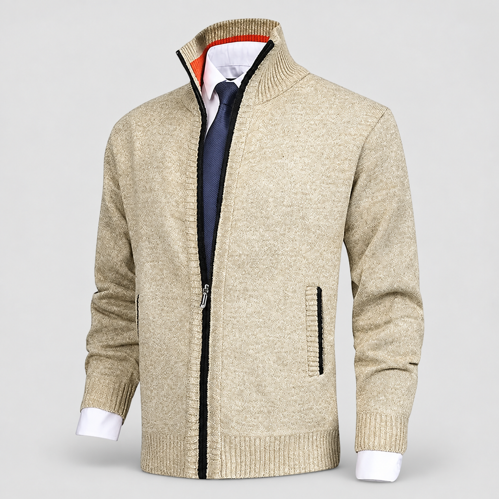 Men's Fleece-Lined Zip-Up Knit Cardigan with Stand Collar — view 3