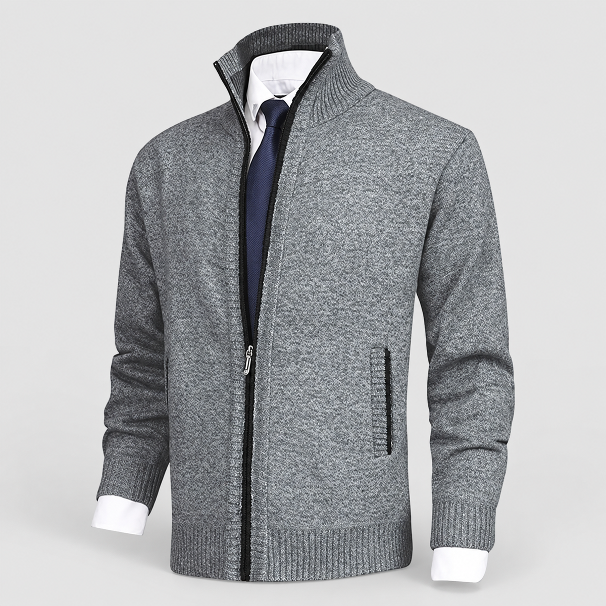 Men's Fleece-Lined Zip-Up Knit Cardigan with Stand Collar in Light Grey — view 4