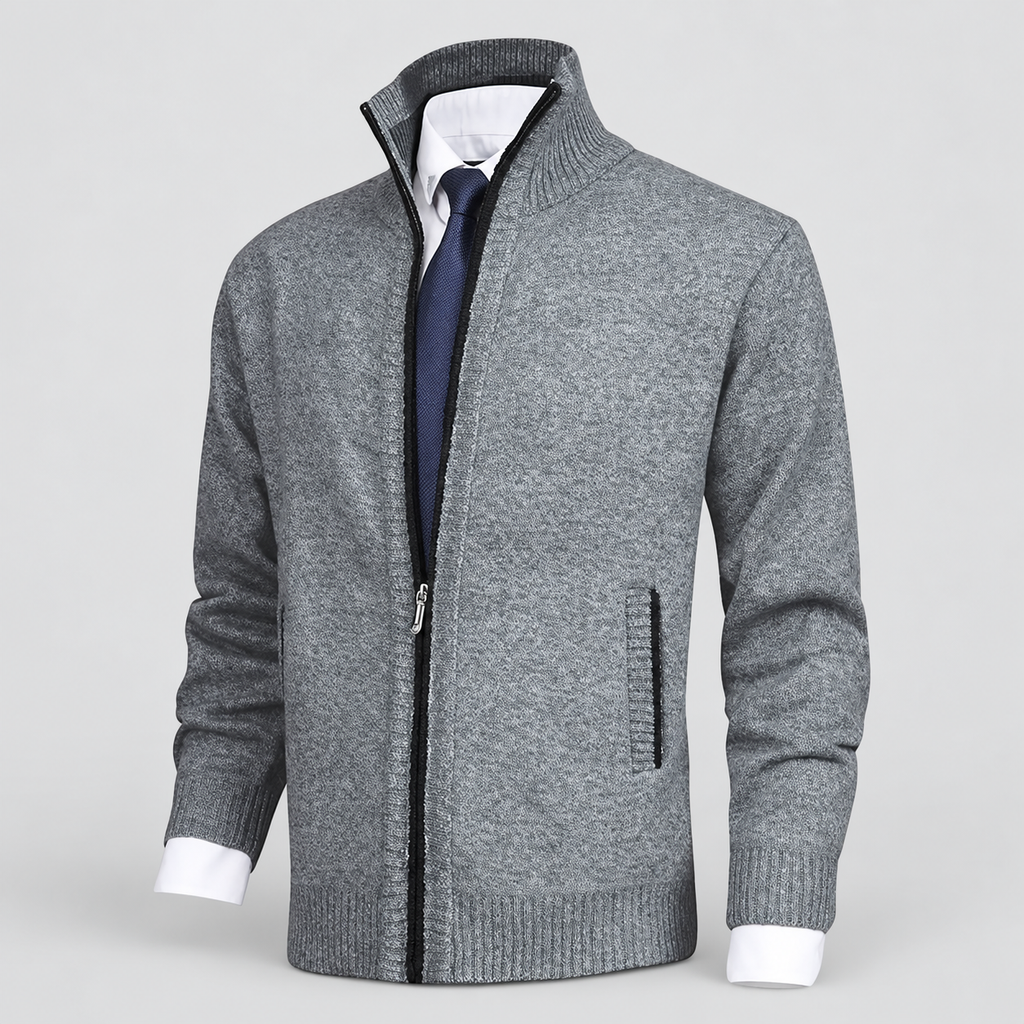 Men's Fleece-Lined Zip-Up Knit Cardigan with Stand Collar — view 5