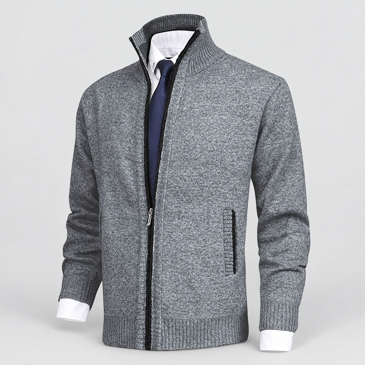 Men's Fleece-Lined Zip-Up Knit Cardigan with Stand Collar — view 6