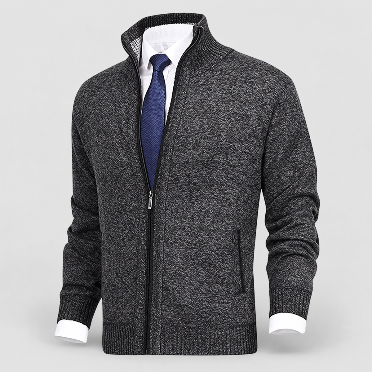 Men's Fleece-Lined Zip-Up Knit Cardigan with Stand Collar in Dark Grey — view 7