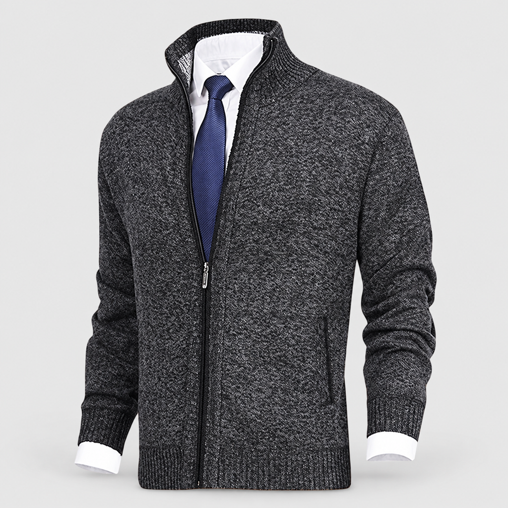 Men's Fleece-Lined Zip-Up Knit Cardigan with Stand Collar — view 9