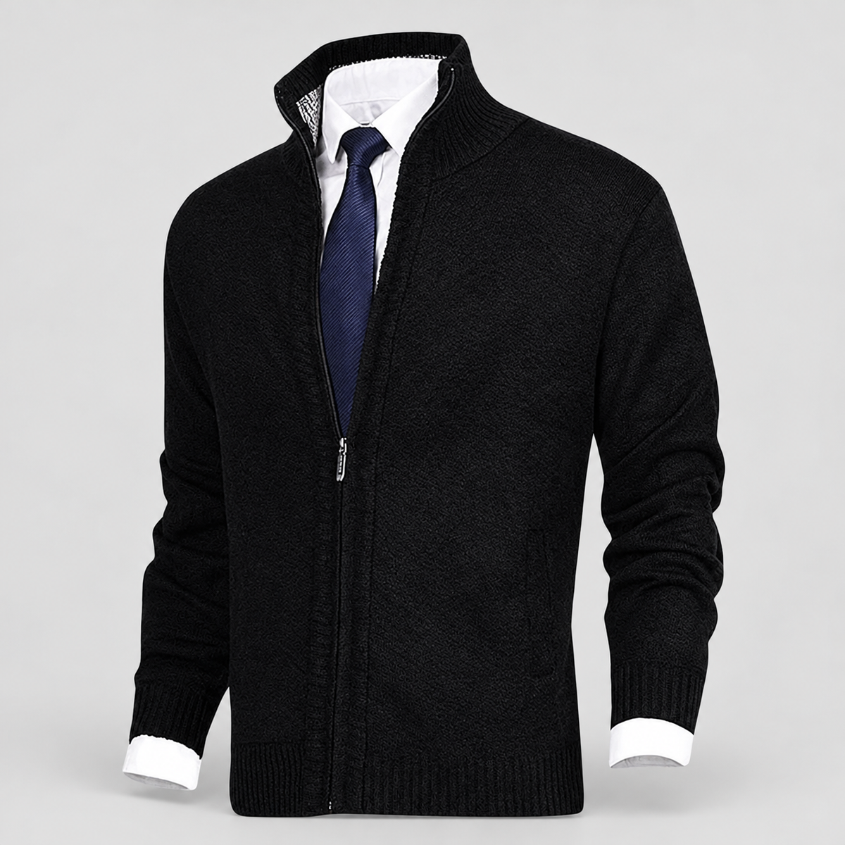 Men's Fleece-Lined Zip-Up Knit Cardigan with Stand Collar in Black — view 10