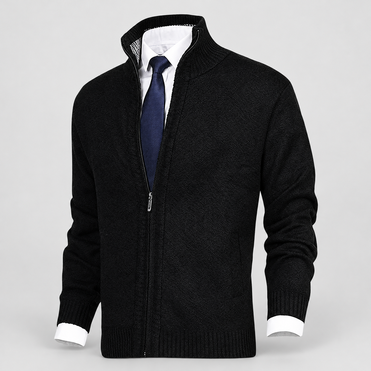Men's Fleece-Lined Zip-Up Knit Cardigan with Stand Collar — view 11
