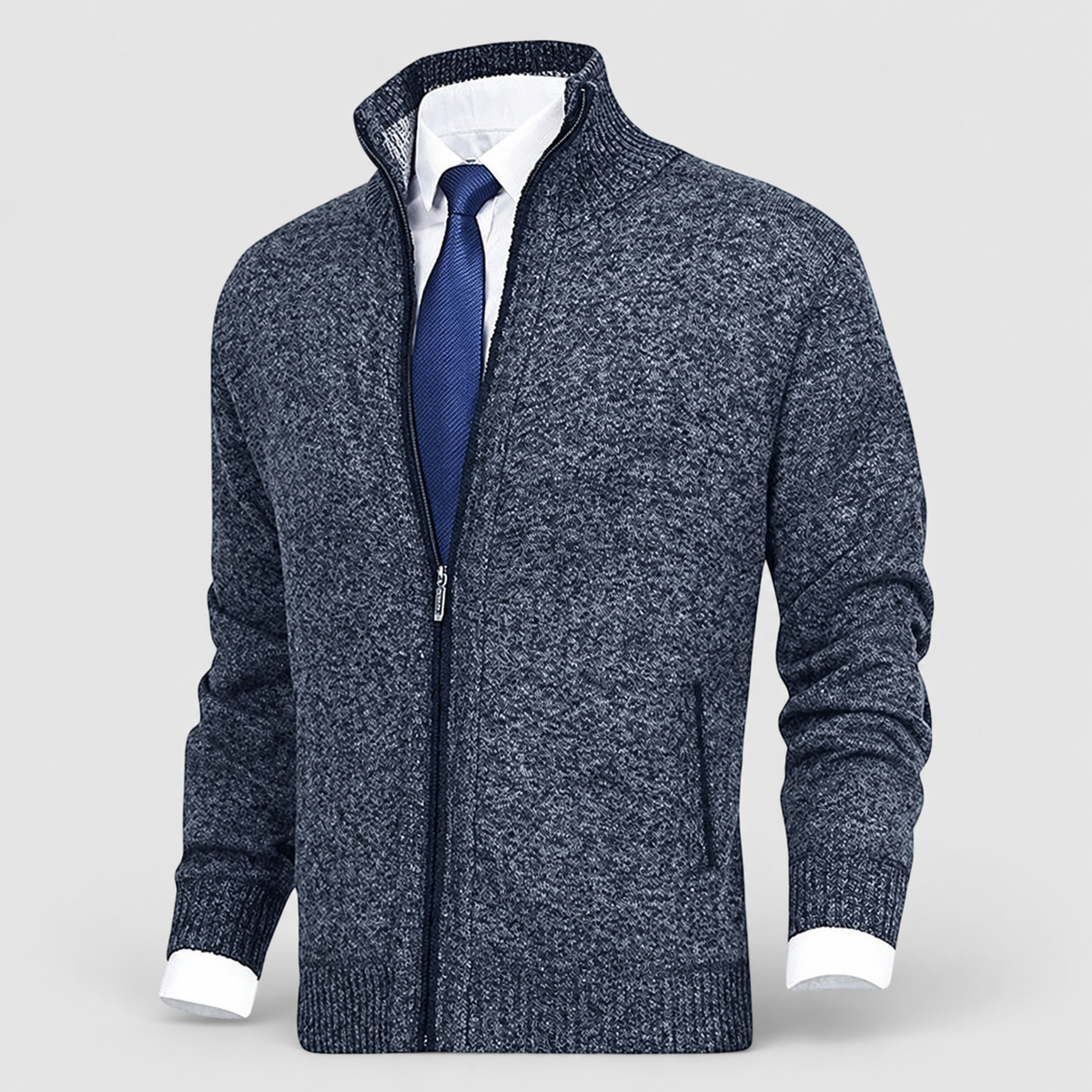 Men's Fleece-Lined Zip-Up Knit Cardigan with Stand Collar in Blue — view 12