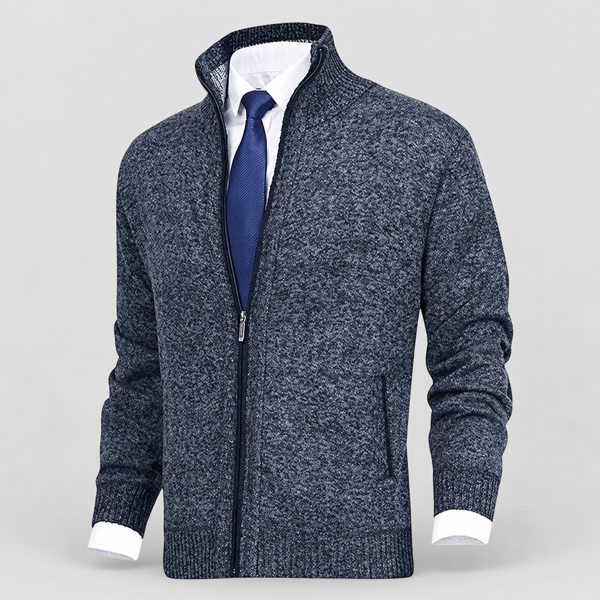 Men's Fleece-Lined Zip-Up Knit Cardigan with Stand Collar — view 13