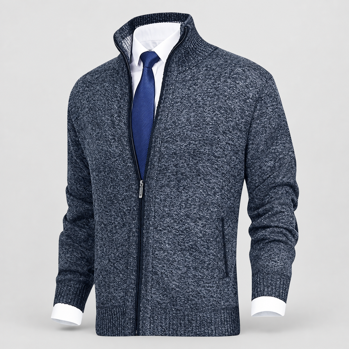 Men's Fleece-Lined Zip-Up Knit Cardigan with Stand Collar — view 14