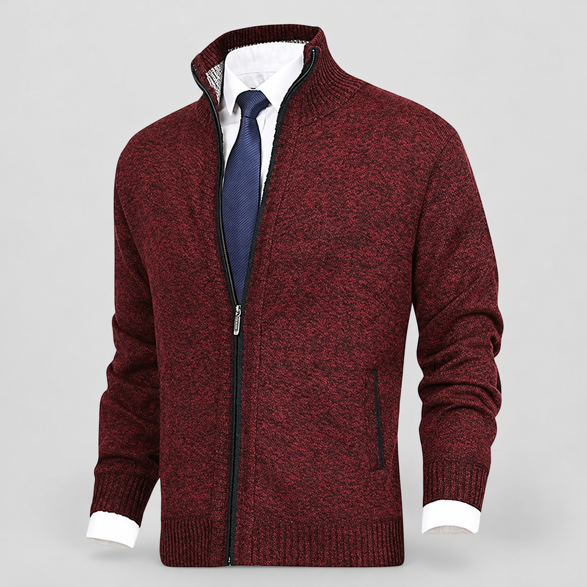 Men's Fleece-Lined Zip-Up Knit Cardigan with Stand Collar in Red — view 15