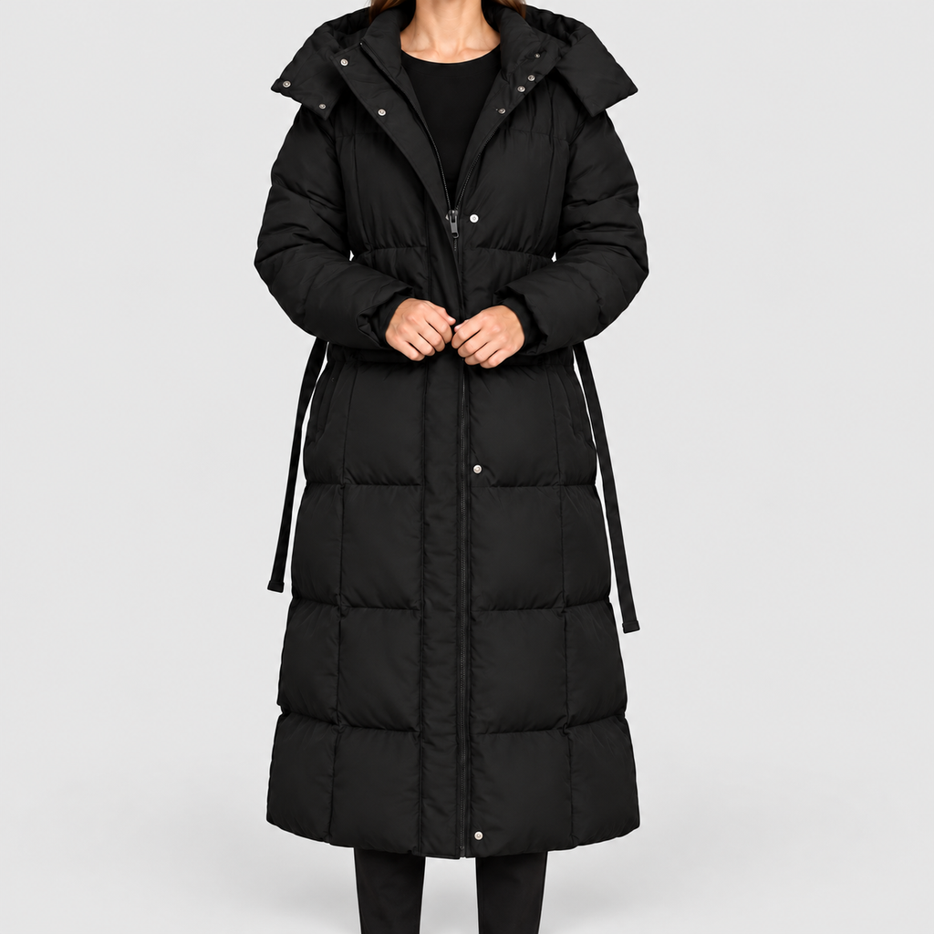 Women's Maxi Puffer Coat with Oversized Hood and Belt — view 1