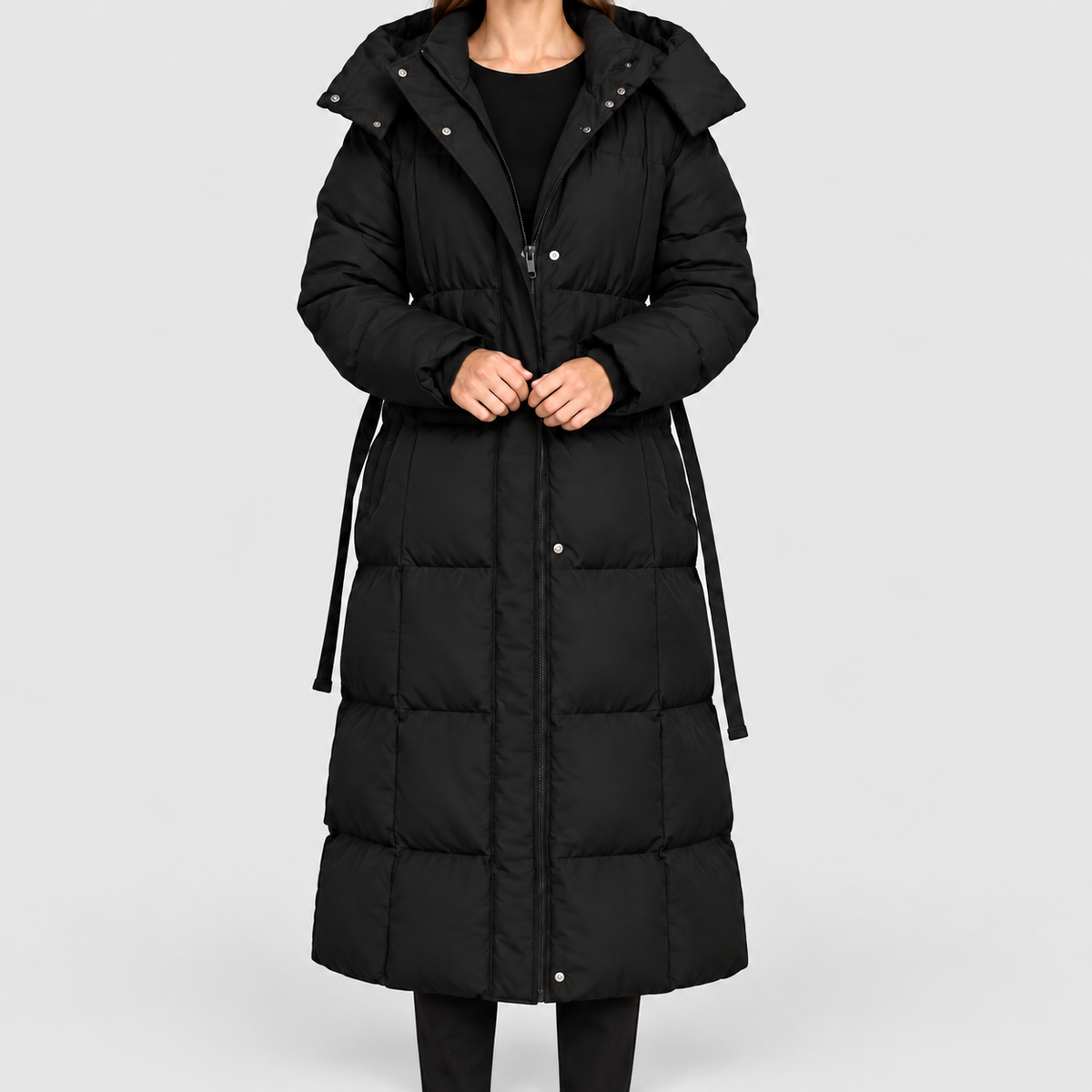 Women's Maxi Puffer Coat with Oversized Hood and Belt — view 1