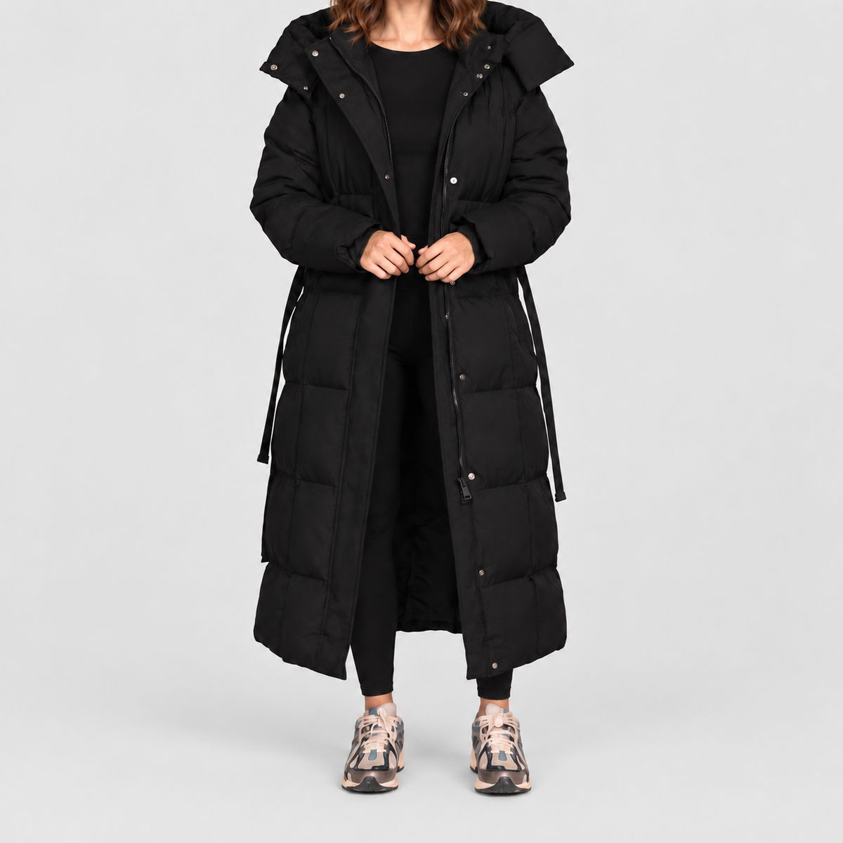 Women's Maxi Puffer Coat with Oversized Hood and Belt in Black — view 2