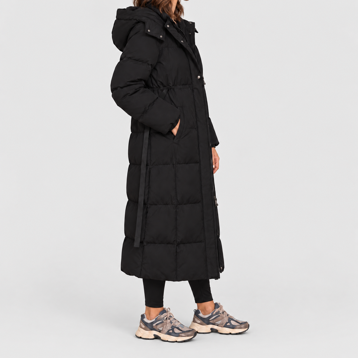 Women's Maxi Puffer Coat with Oversized Hood and Belt — view 3