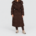 Women's Maxi Puffer Coat with Oversized Hood and Belt in Brown — view 5