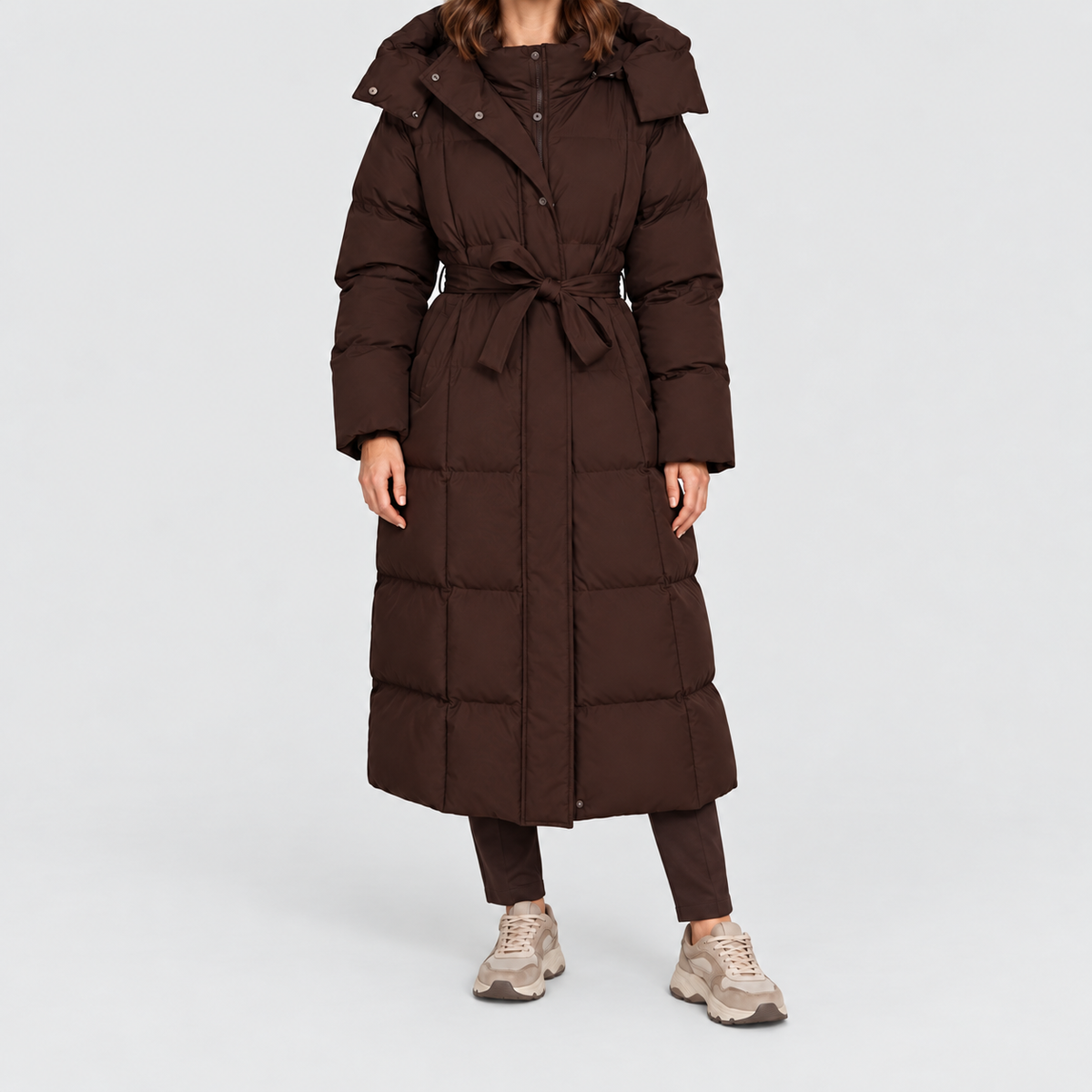 Women's Maxi Puffer Coat with Oversized Hood and Belt in Brown — view 5
