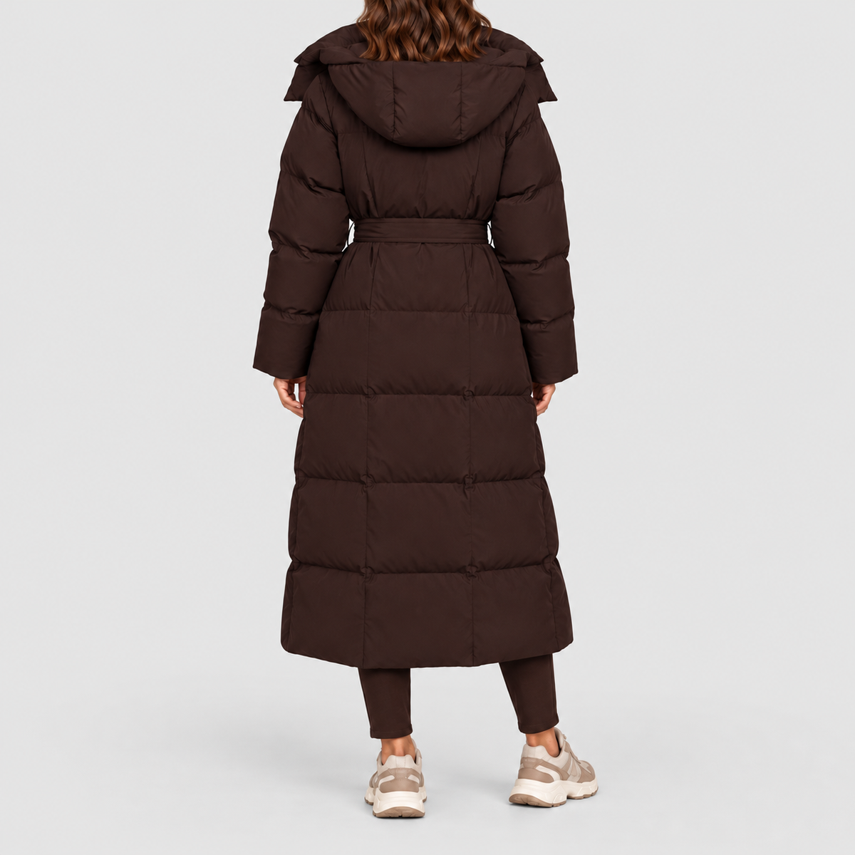Women's Maxi Puffer Coat with Oversized Hood and Belt — view 6