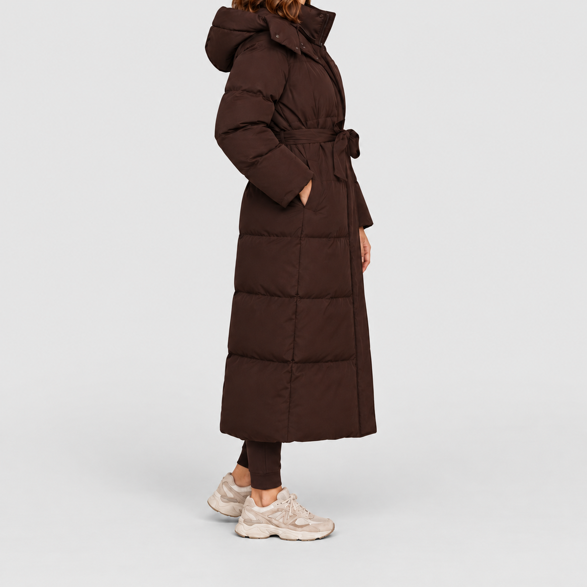 Women's Maxi Puffer Coat with Oversized Hood and Belt — view 7