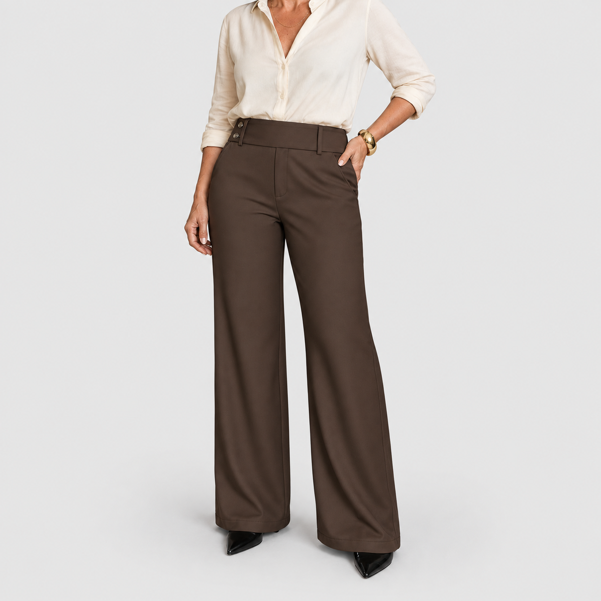Women's High-Waist Wide-Leg Trousers with Double-Button Waist in Coffee — view 1