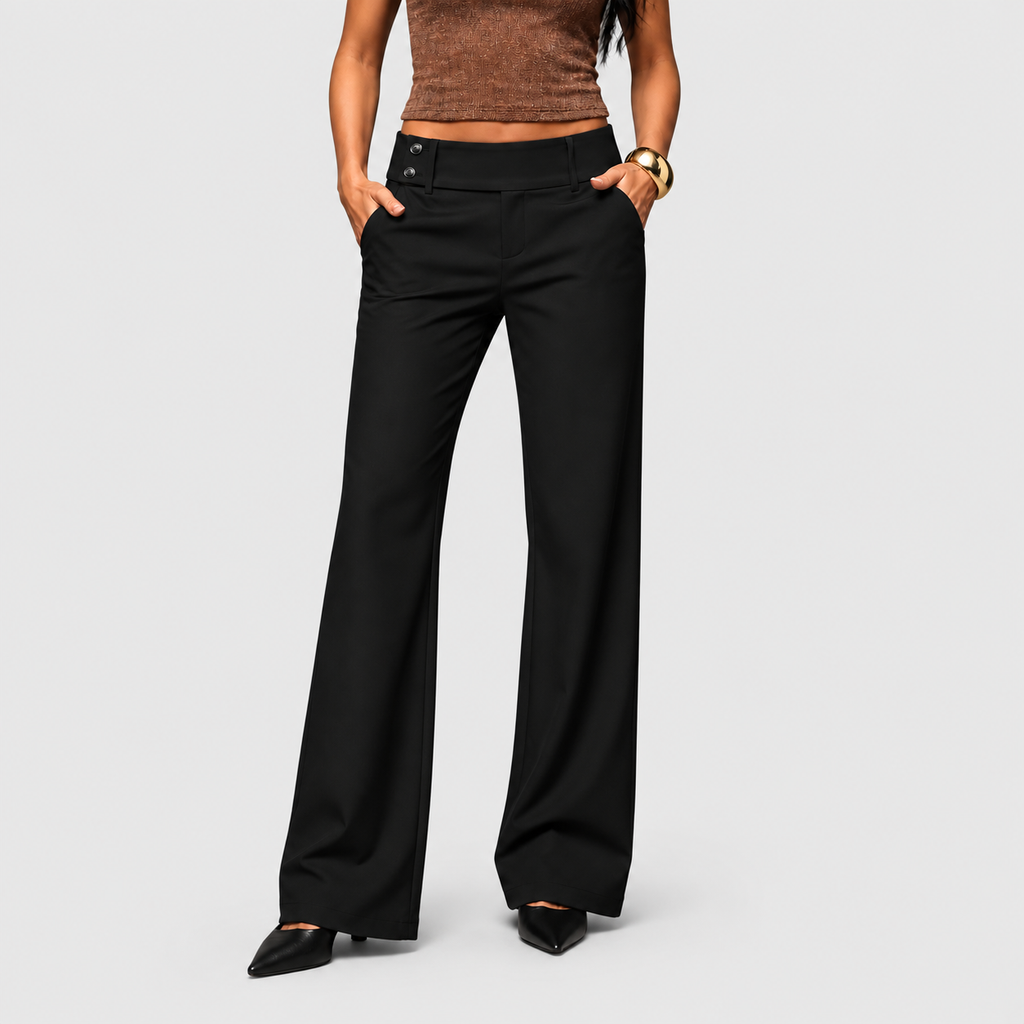 Women's High-Waist Wide-Leg Trousers with Double-Button Waist in Black — view 4