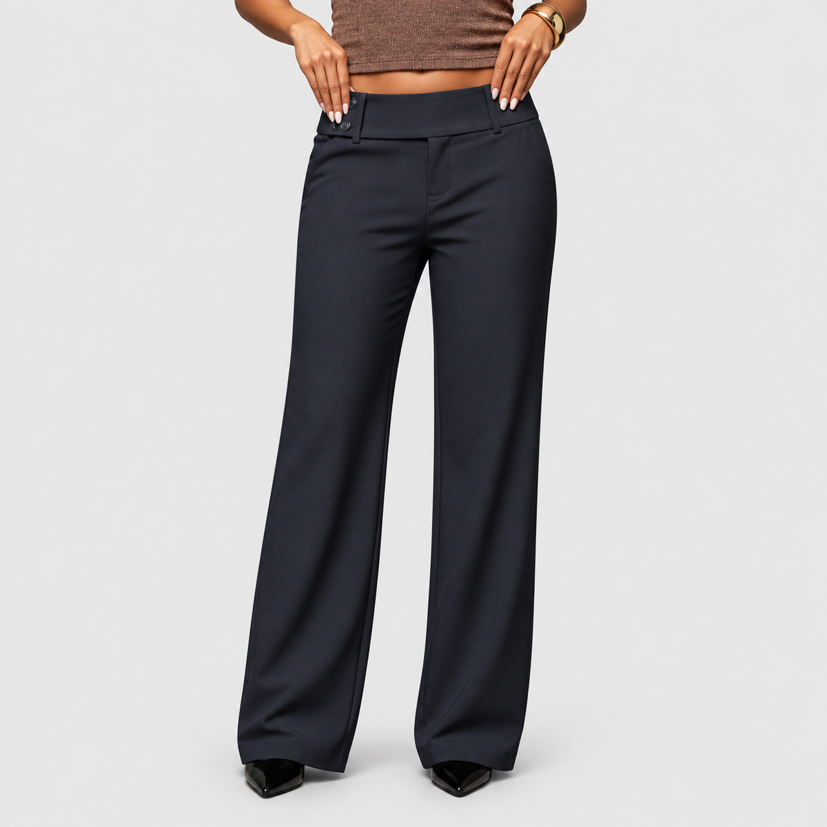 Women's High-Waist Wide-Leg Trousers with Double-Button Waist in Dark Grey — view 7