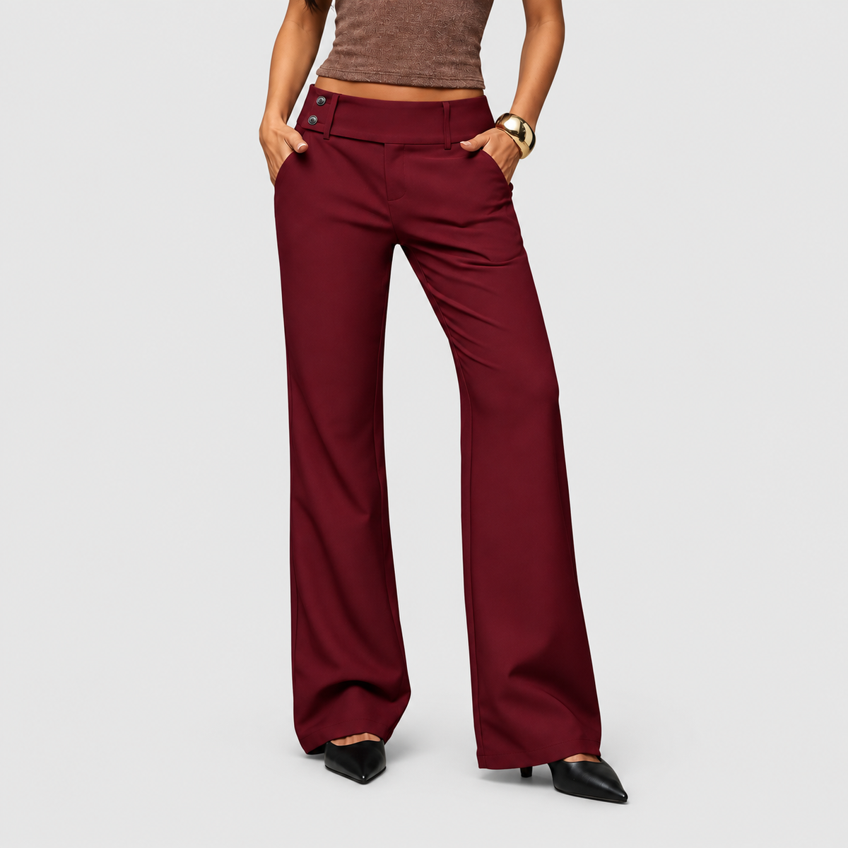 Women's High-Waist Wide-Leg Trousers with Double-Button Waist in Wine Red — view 8