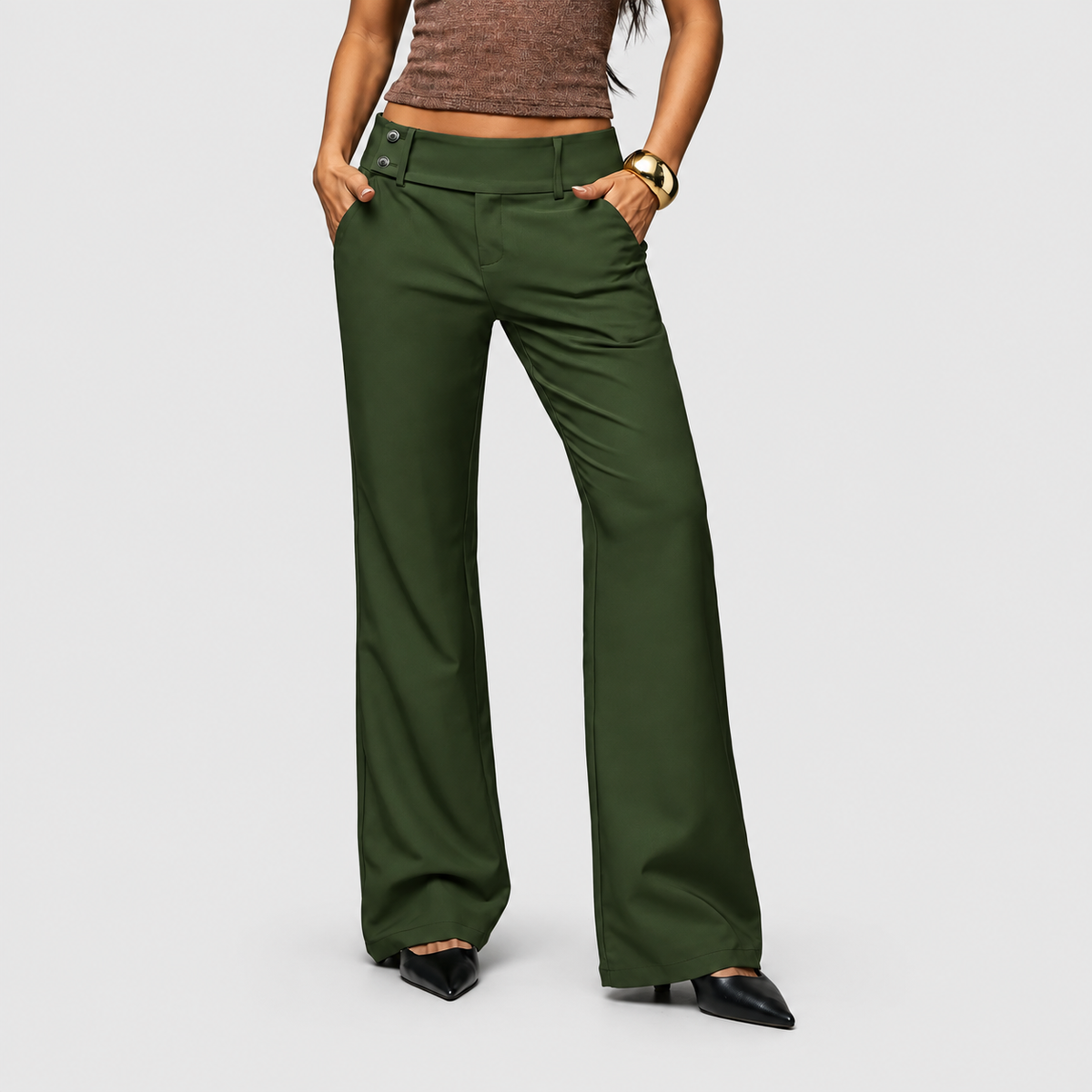 Women's High-Waist Wide-Leg Trousers with Double-Button Waist in Olive Green — view 9