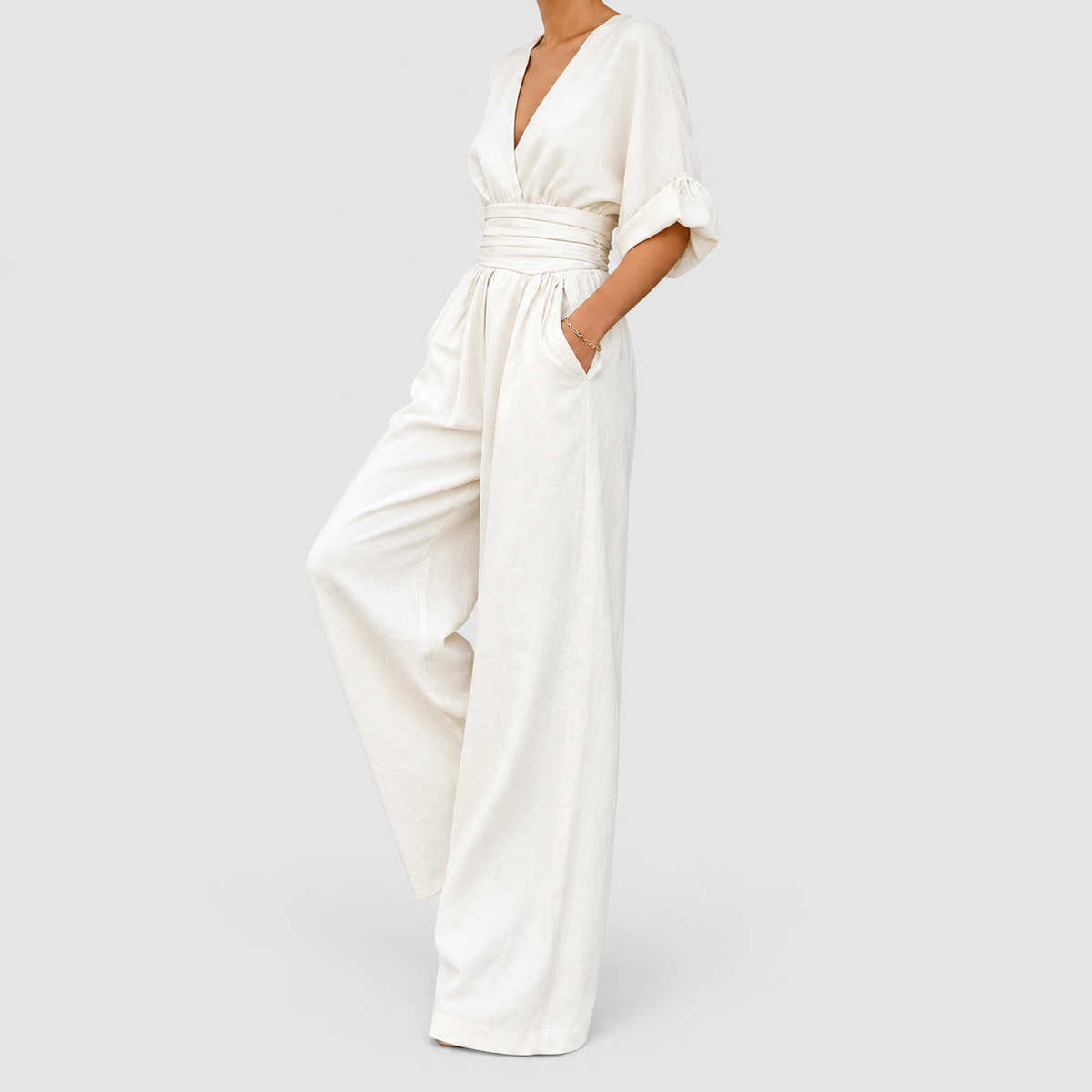 Women's Wrap-Front Wide-Leg Jumpsuit with Defined Waist in White — view 1