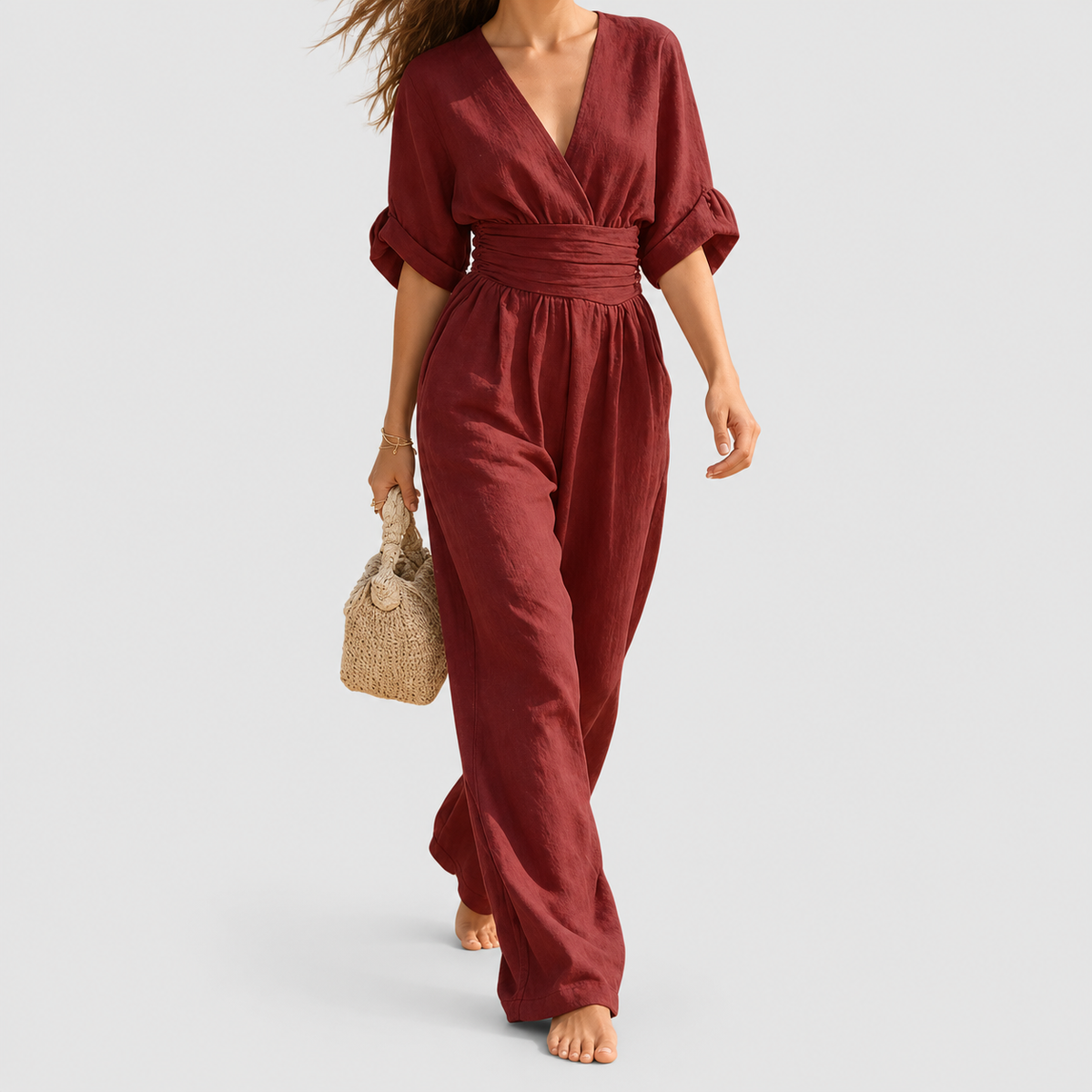 Women's Wrap-Front Wide-Leg Jumpsuit with Defined Waist — view 6