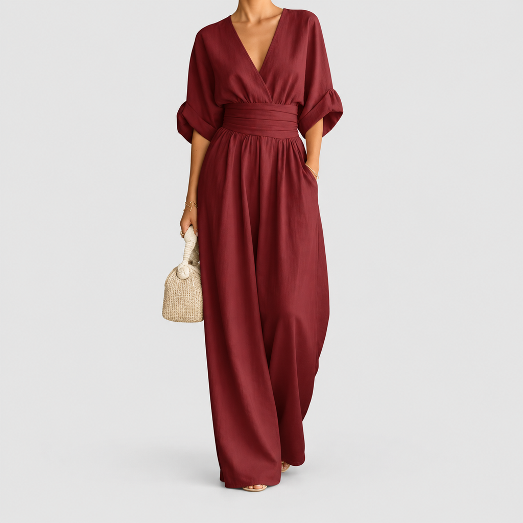 Women's Wrap-Front Wide-Leg Jumpsuit with Defined Waist in Burgundy — view 8
