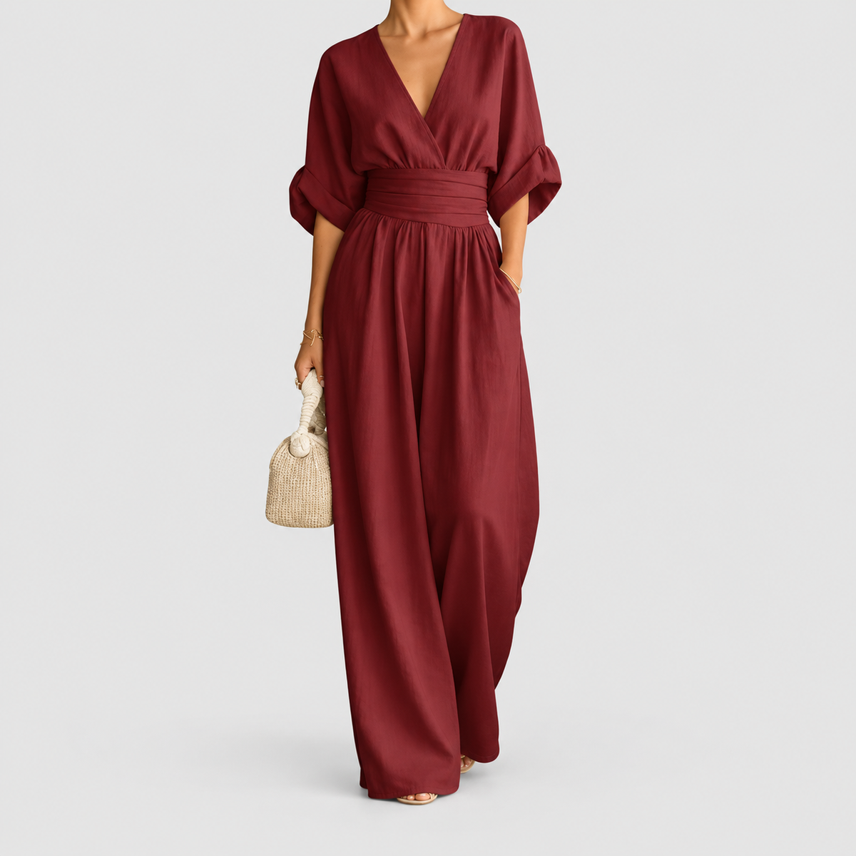 Women's Wrap-Front Wide-Leg Jumpsuit with Defined Waist in Burgundy — view 8