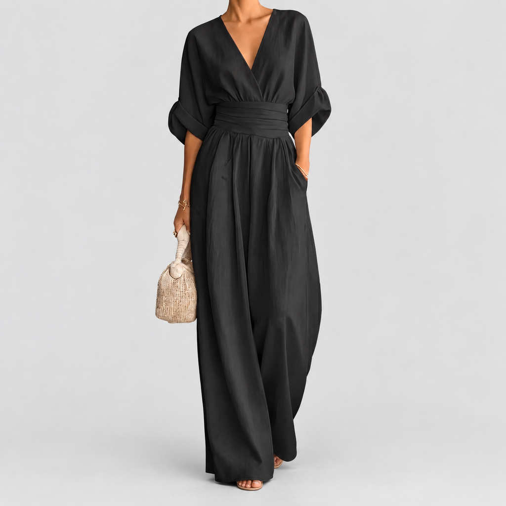 Women's Wrap-Front Wide-Leg Jumpsuit with Defined Waist in Black — view 12