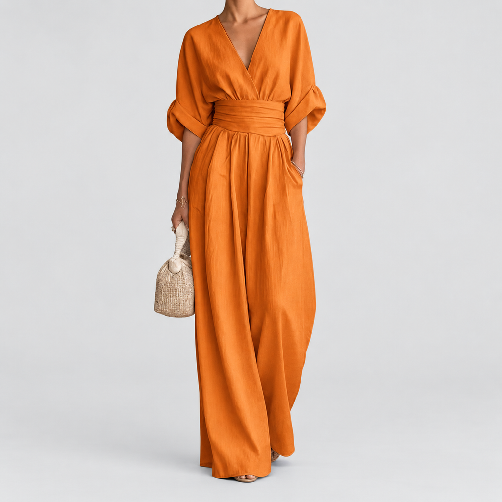 Women's Wrap-Front Wide-Leg Jumpsuit with Defined Waist in Orange — view 13