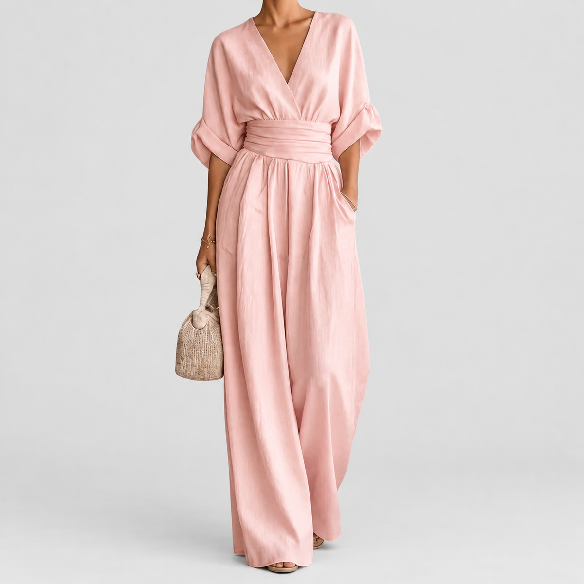 Women's Wrap-Front Wide-Leg Jumpsuit with Defined Waist in Pink — view 14