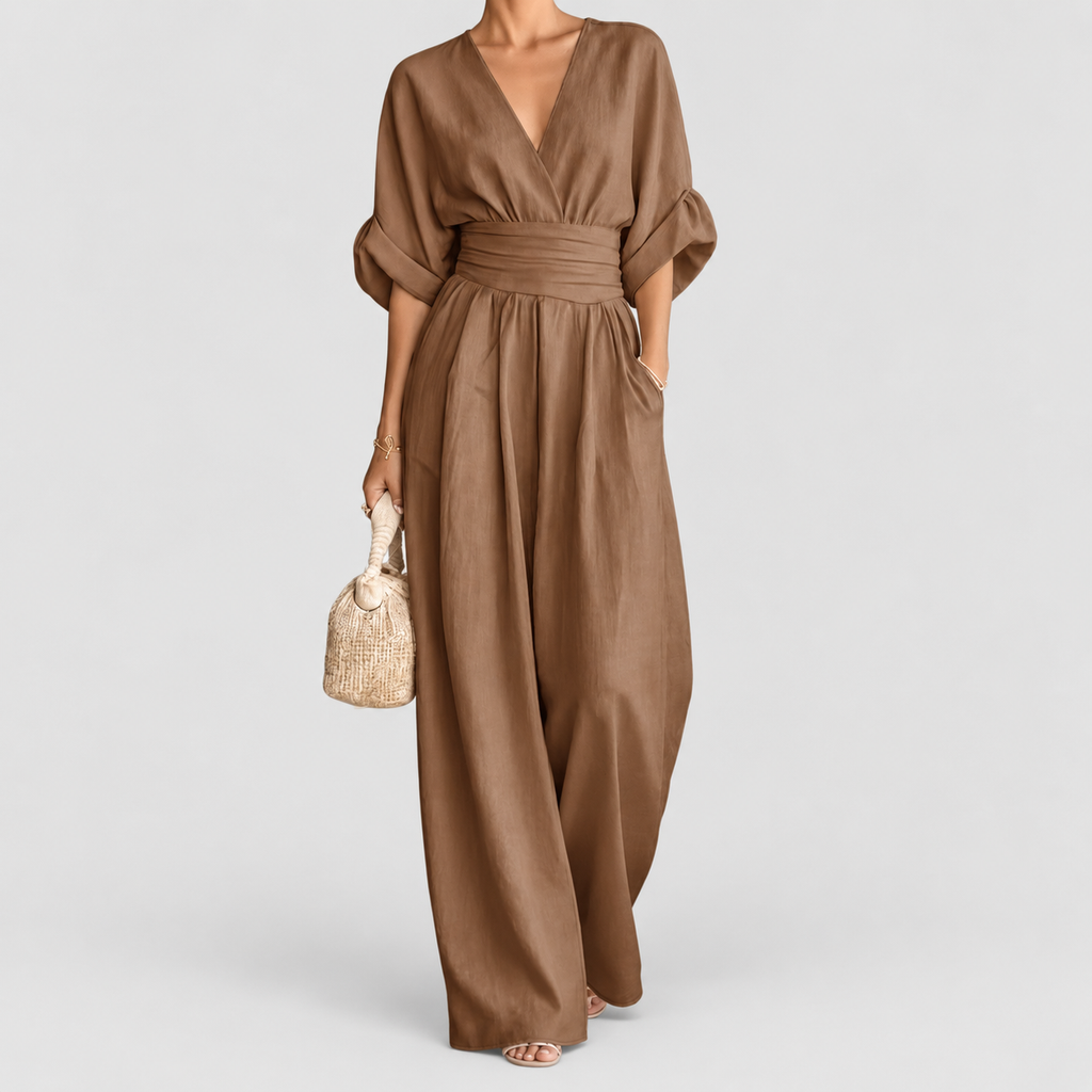 Women's Wrap-Front Wide-Leg Jumpsuit with Defined Waist in Brown — view 16