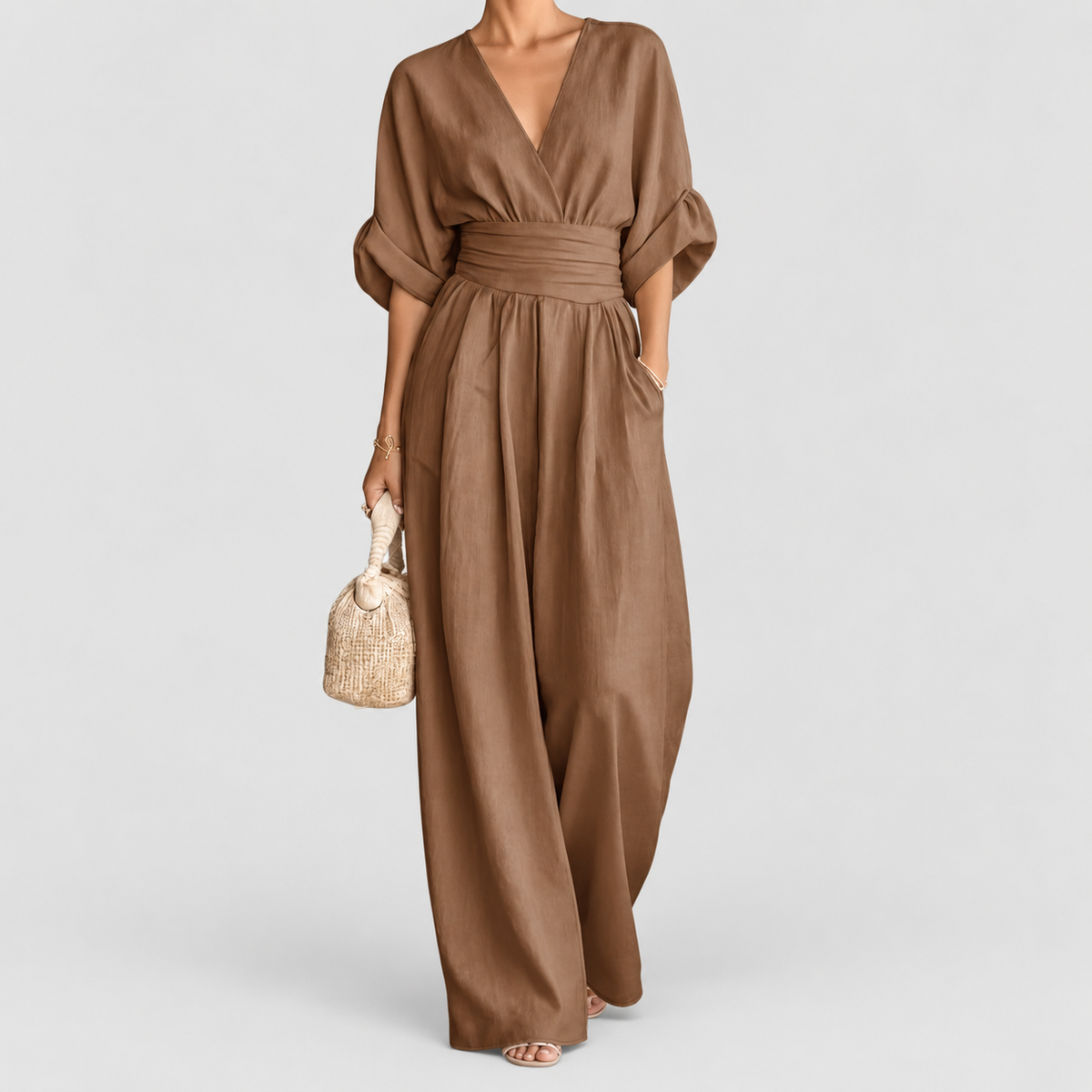 Women's Wrap-Front Wide-Leg Jumpsuit with Defined Waist in Brown — view 16
