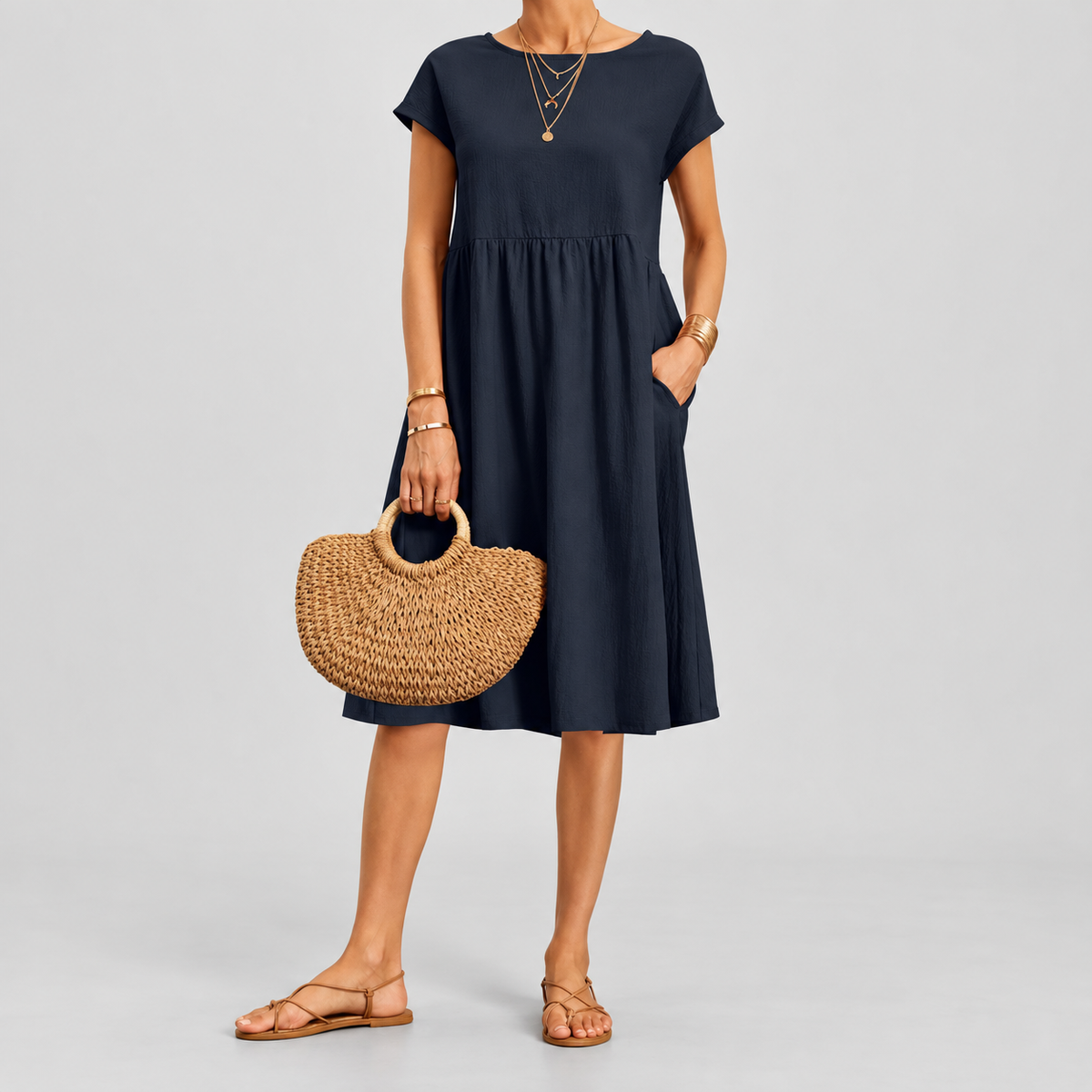 Women's Short-Sleeve Midi Dress with Pockets — view 5
