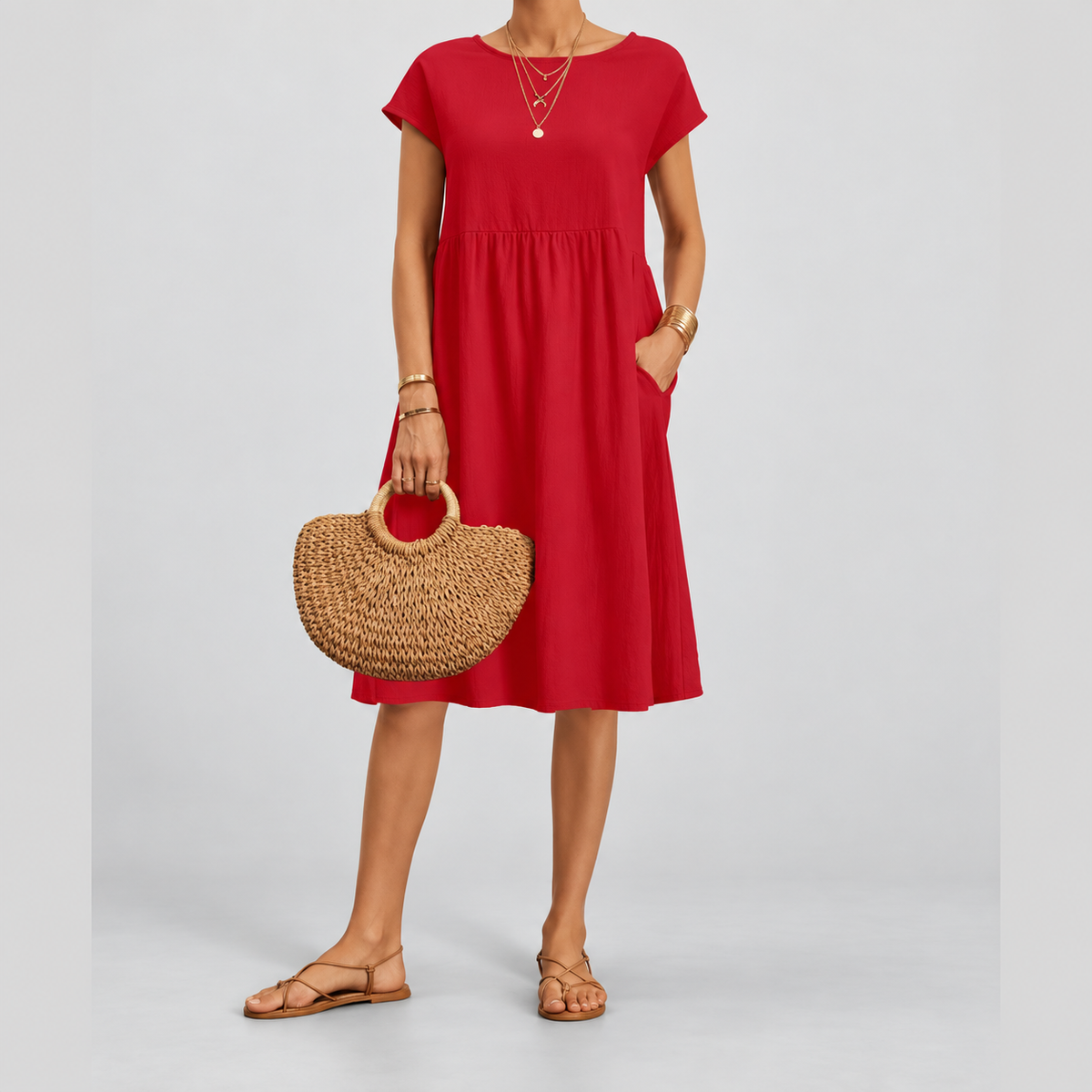 Women's Short-Sleeve Midi Dress with Pockets in Red — view 7