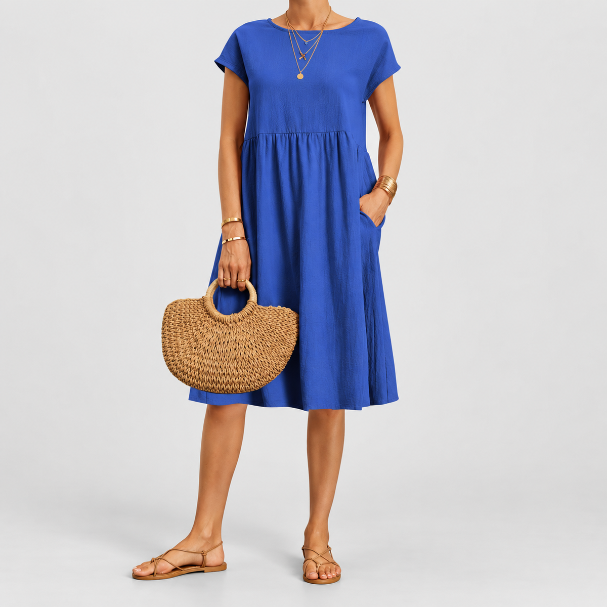 Women's Short-Sleeve Midi Dress with Pockets in Blue — view 8