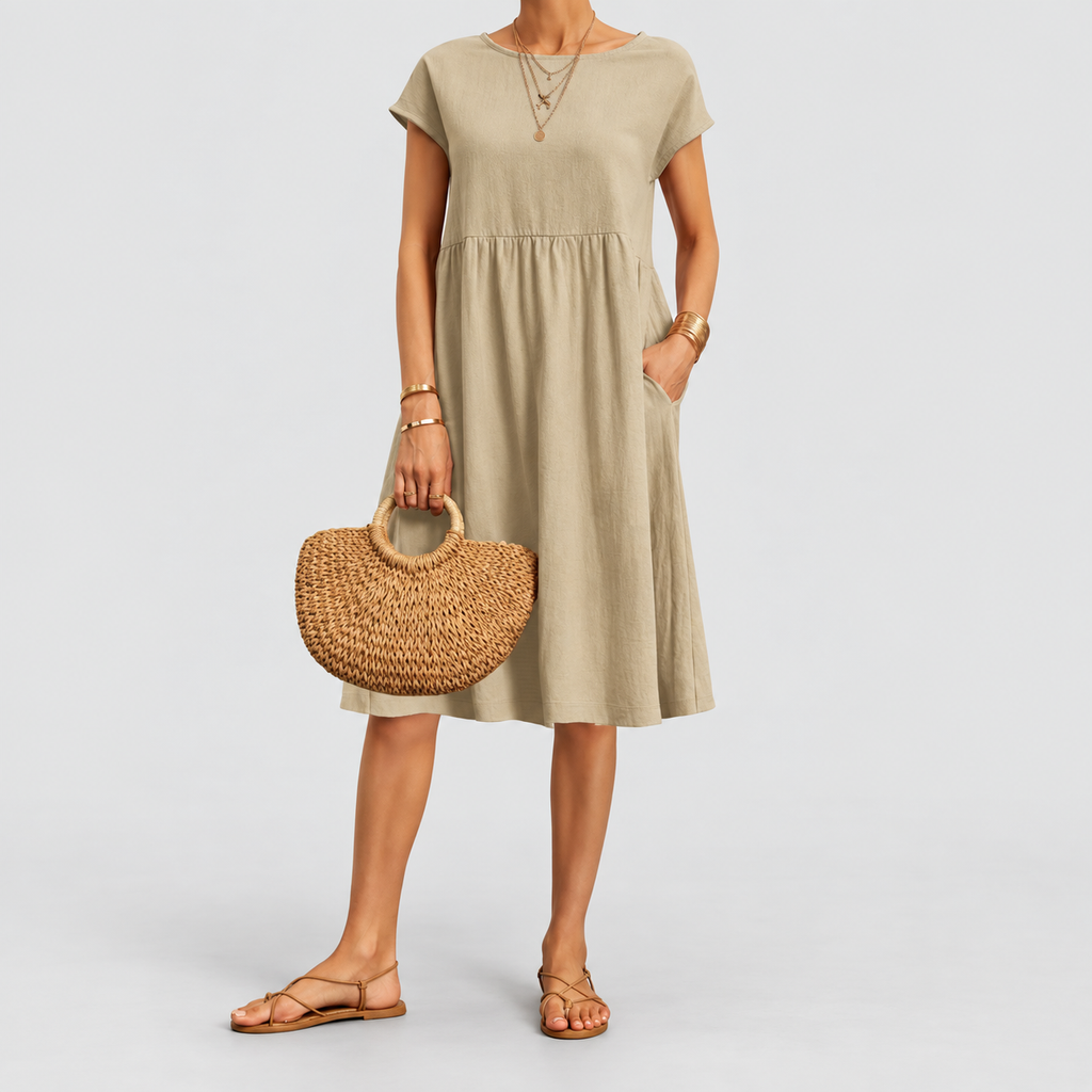Women's Short-Sleeve Midi Dress with Pockets in Khaki — view 9