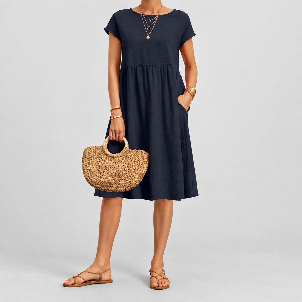 Women's Short-Sleeve Midi Dress with Pockets in Navy Blue — view 10