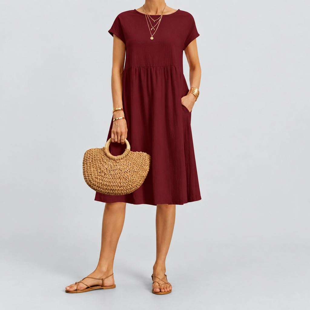 Women's Short-Sleeve Midi Dress with Pockets in Burgundy — view 11