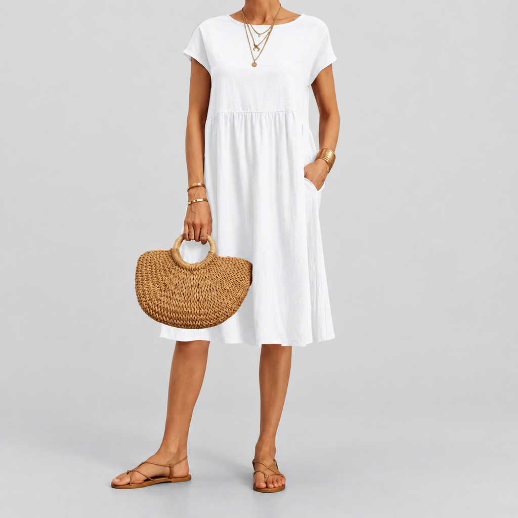 Women's Short-Sleeve Midi Dress with Pockets in White — view 12
