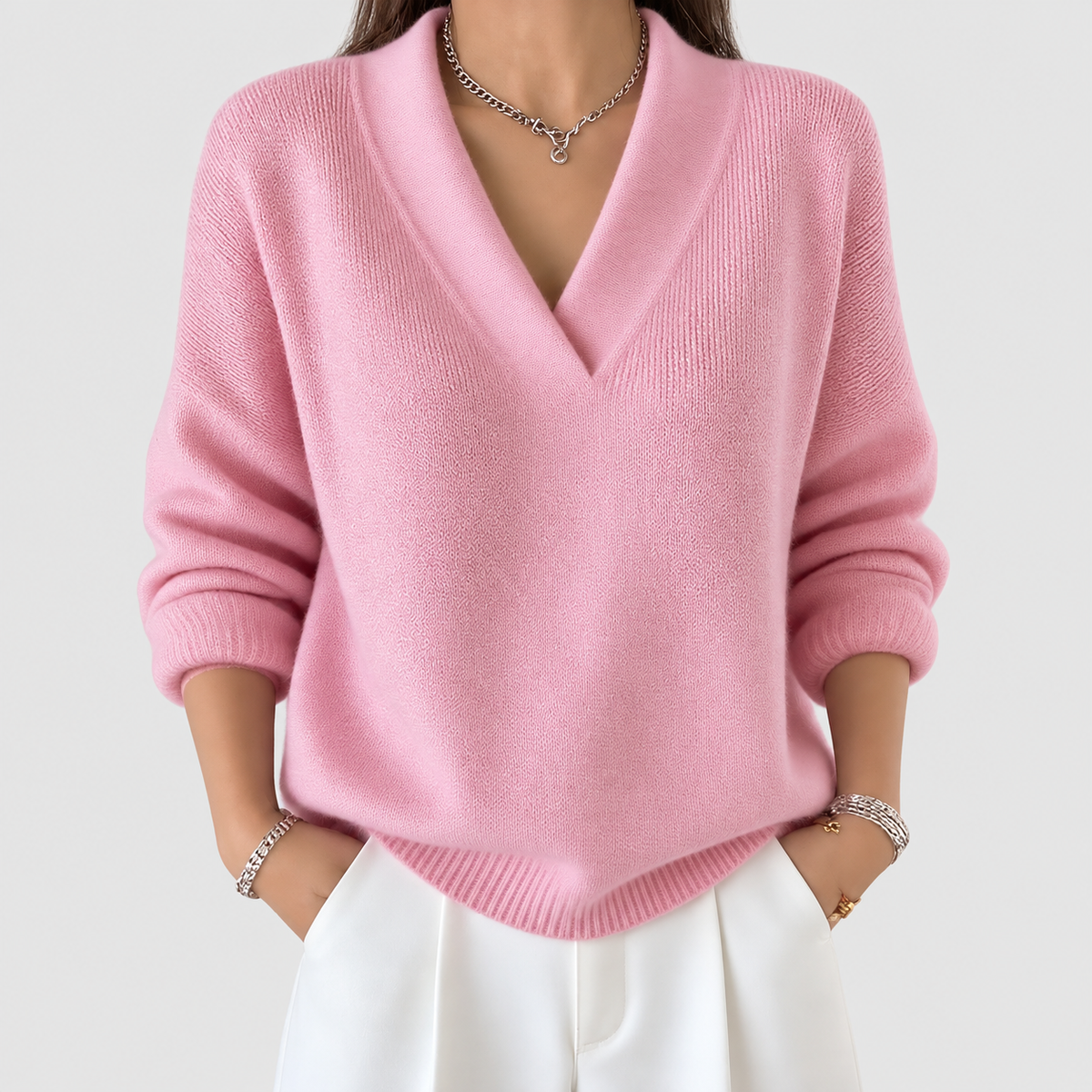 Women's Relaxed Jumper with Deep V-Neck and Ribbed Hem in Pink — view 1