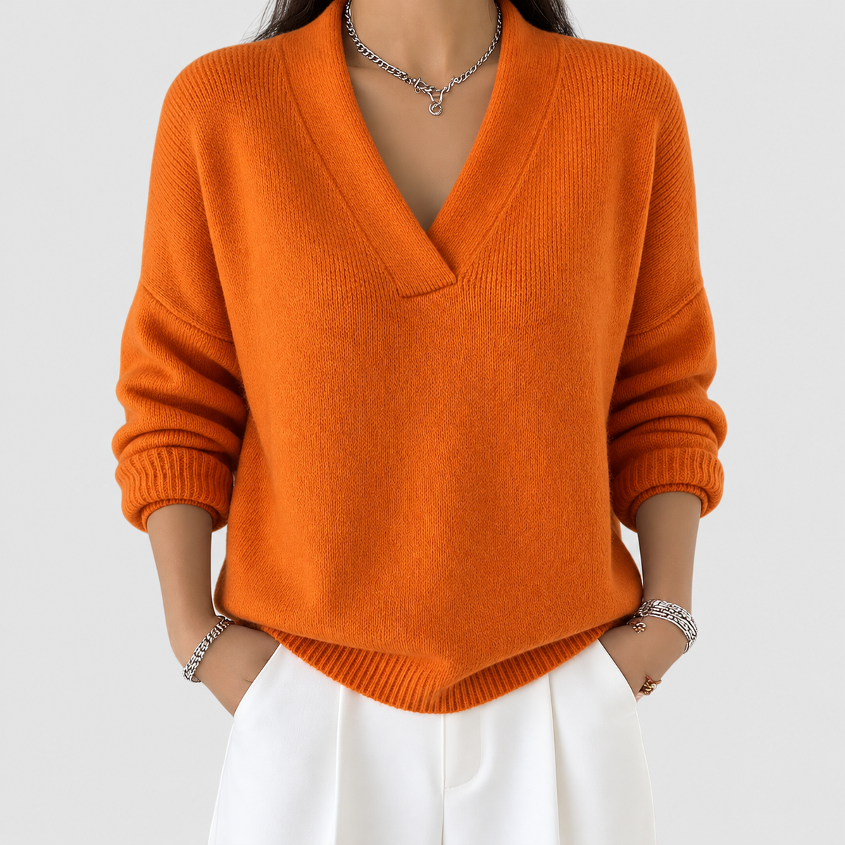 Women's Relaxed Jumper with Deep V-Neck and Ribbed Hem in Orange — view 2