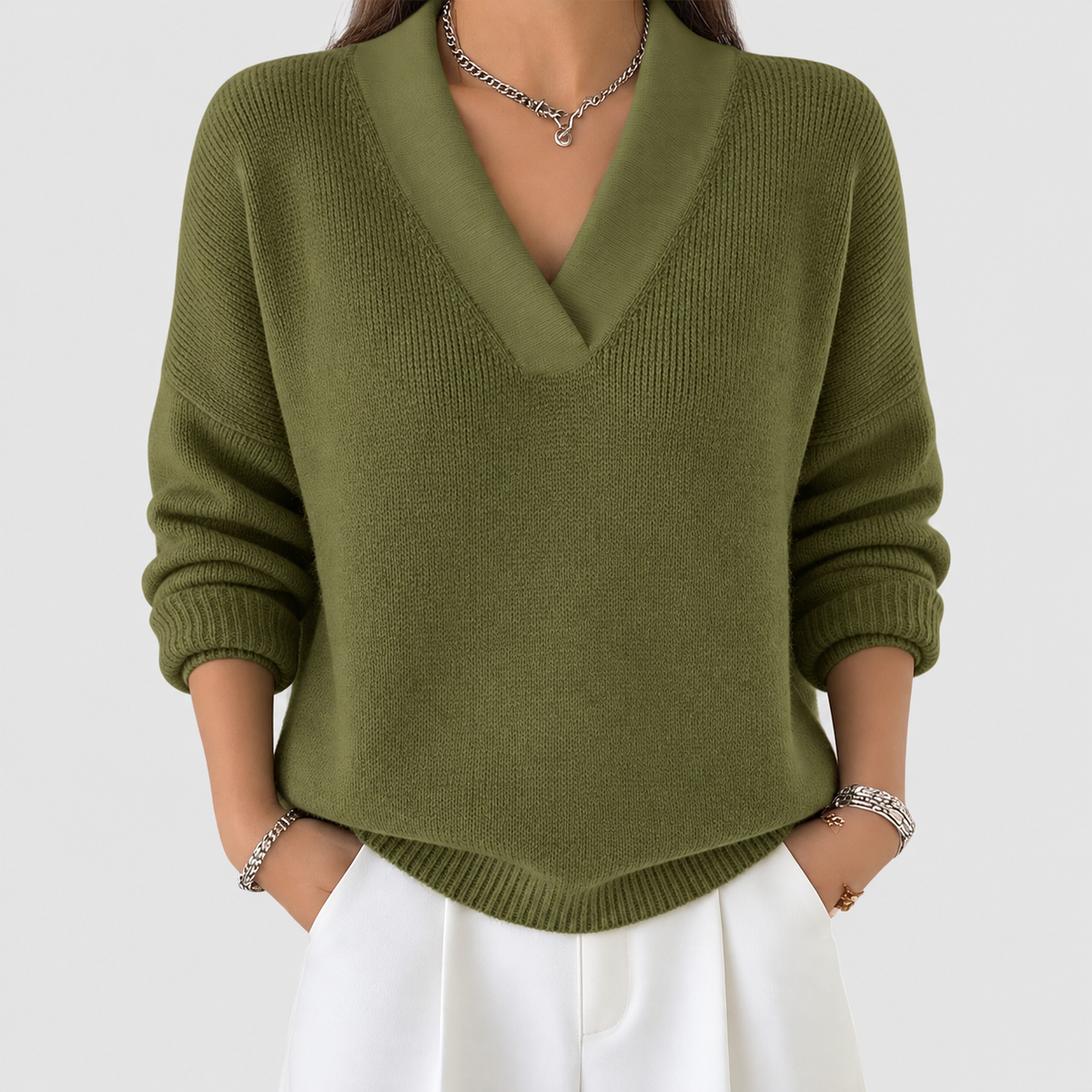 Women's Relaxed Jumper with Deep V-Neck and Ribbed Hem in Green — view 3